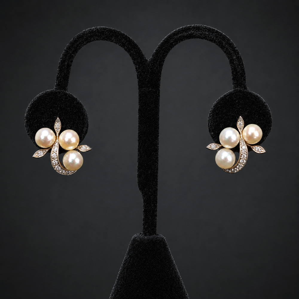 1950s Vintage Diamonds Pearls 14k & 10k White Gold Earrings Retro Clips Estate